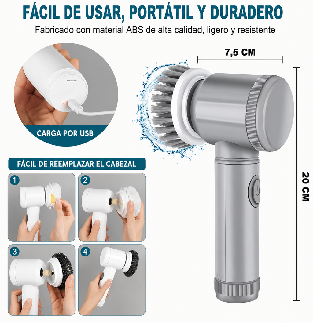 Cepillo Eléctrico Giratorio Inalámbrico | Limpieza Profunda para Baño, Cocina y Azulejos | 5 Cabezales Intercambiables | Recargable USB