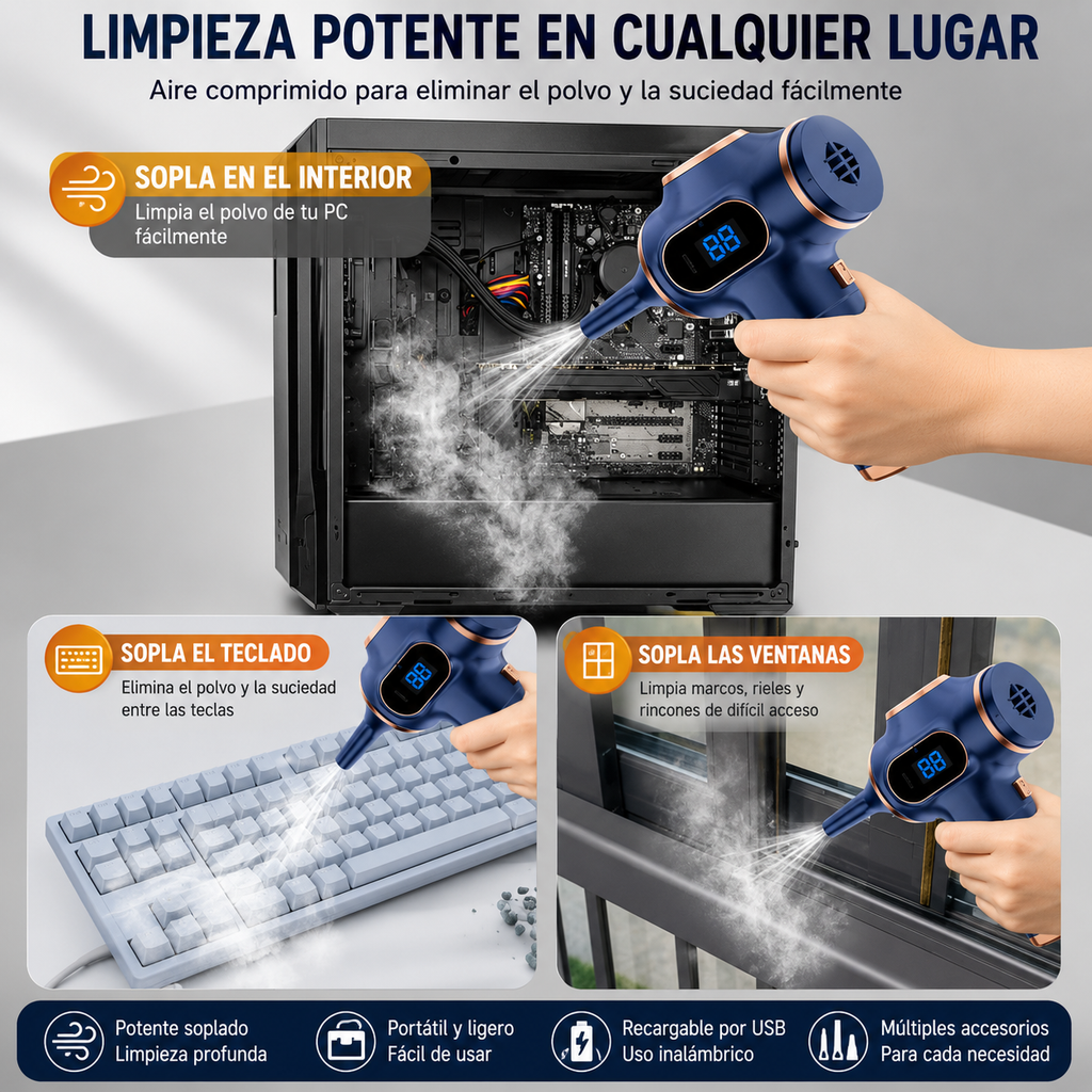 Aspirador Inalámbrico 4 en 1 | Potente, Recargable por USB | Para Coche, Hogar y Oficina