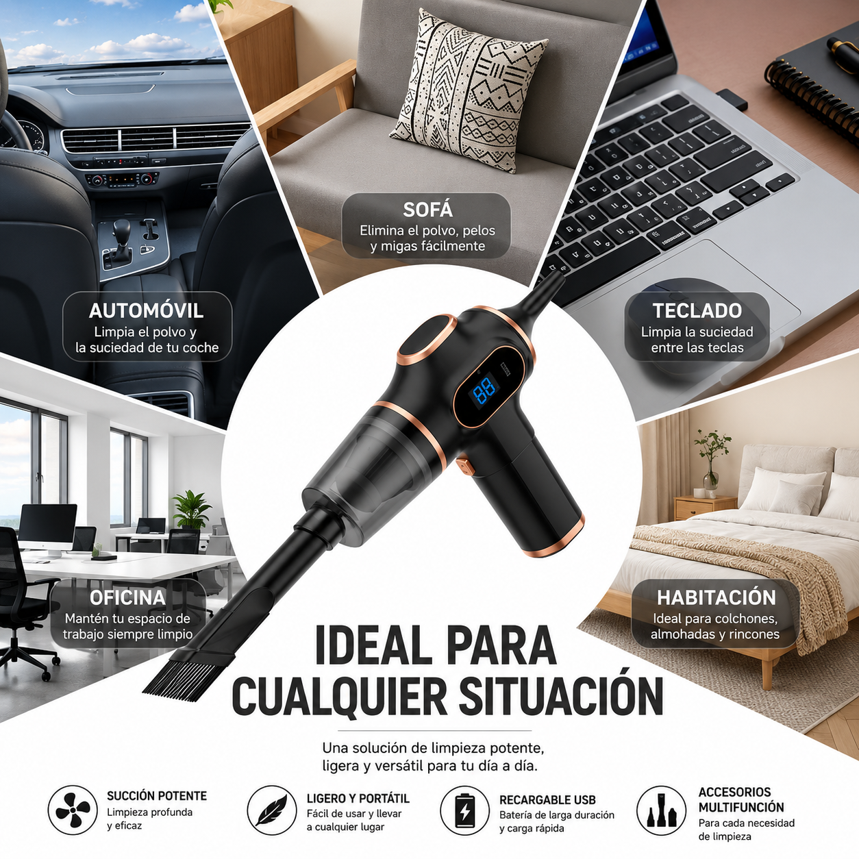 Aspirador Inalámbrico 4 en 1 | Potente, Recargable por USB | Para Coche, Hogar y Oficina